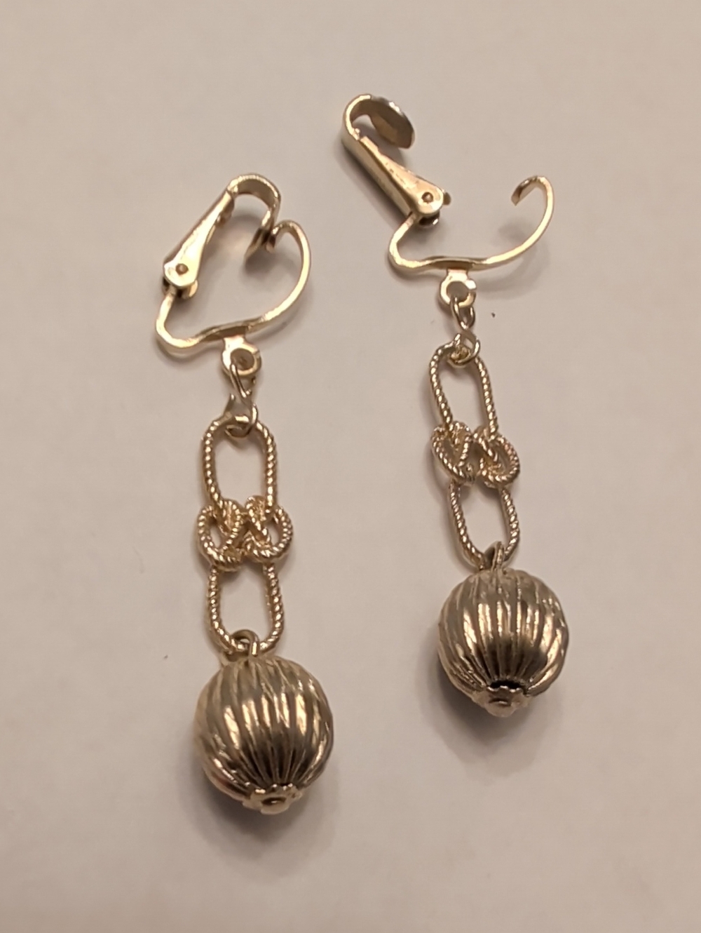 Vintage Gold Drop Clip-On Earrings with Ribbed Beads